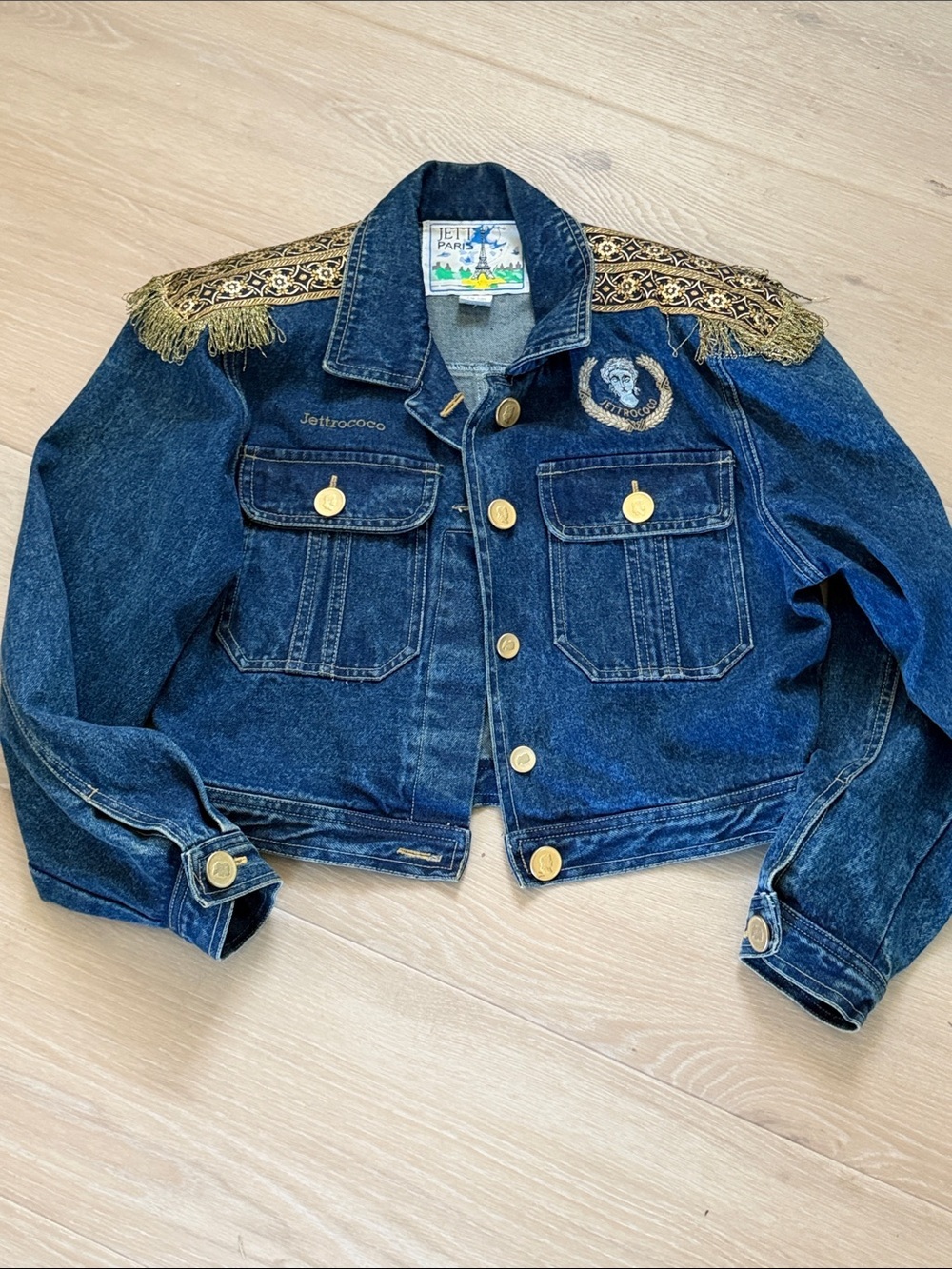 Jett Paris Jettrococo Embellished Cropped Denim Jacket Gold Baroque Military S